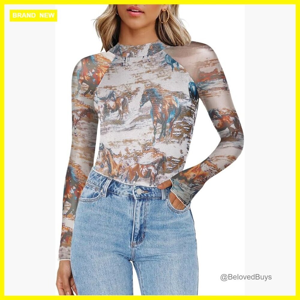 Long Sleeve Mesh Blouse Mock Neck Double Lined Fitted Top